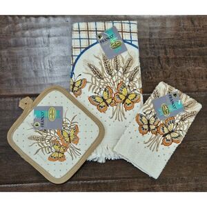 VTG Retro 70s Made in USA Butterfly Wheat Kitchen Towels Pot Holder Set 3pc
